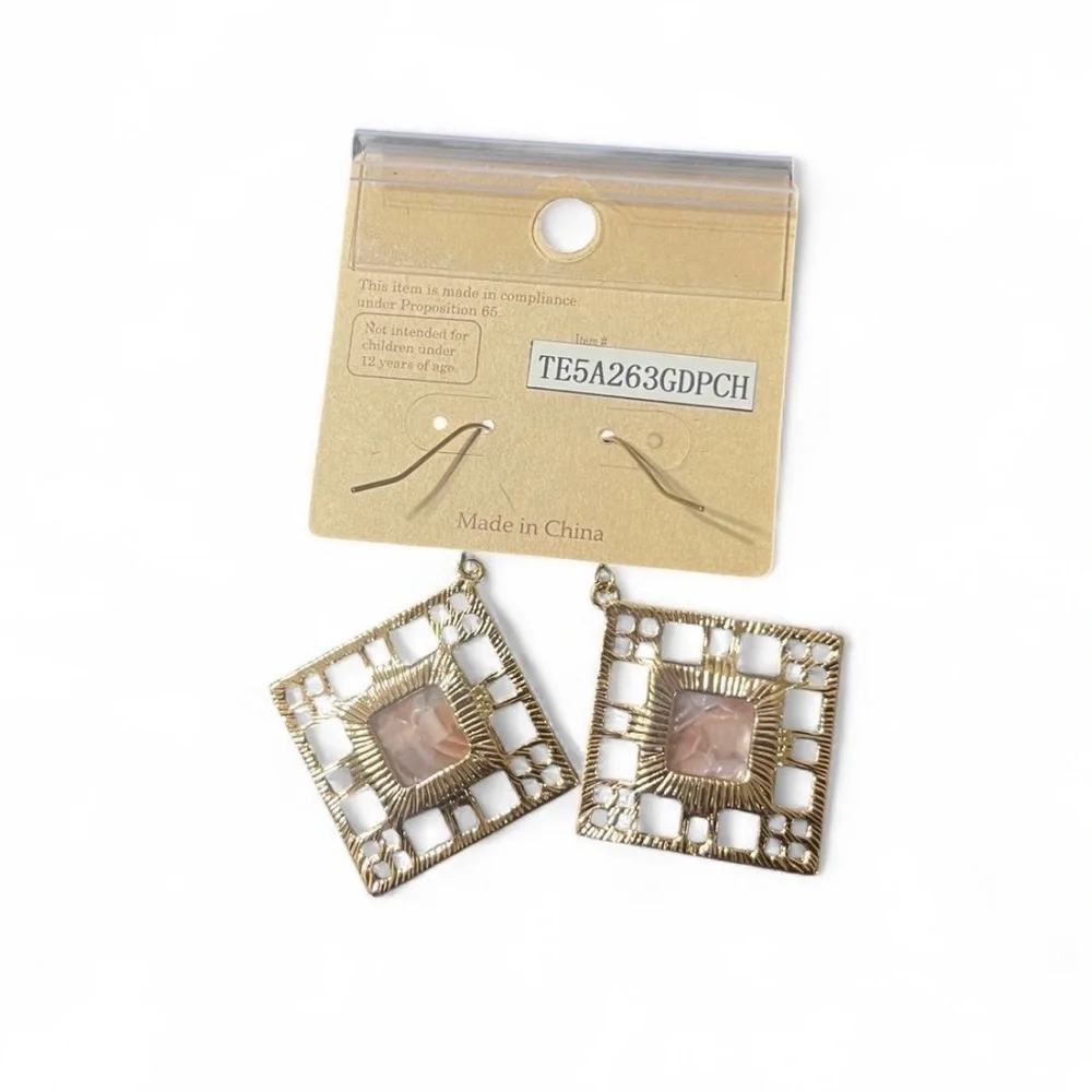 Serena Dangle Earrings Gold/Coral Square Feminine Closet Staple Special Events